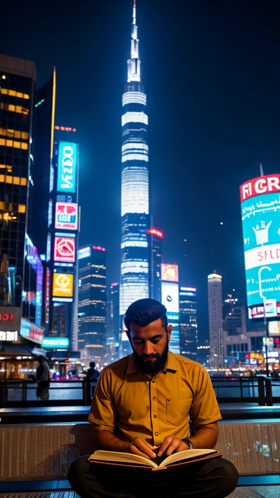 A Muslim man sits in the middle of a busy modern city, against a backdrop of skyscrapers and sparkling neon lights. The expression on his face reflects his interest in the modern gadget he is holding, while the book or mushaf open in his lap is neglected. His eyes are focused on the gadget screen, reflecting the struggle between today's technological world and his spiritual values.