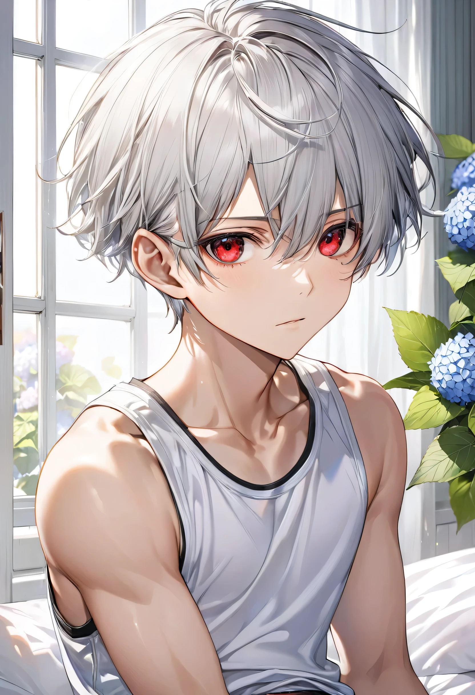 (close up face) (16 yo, solo crew cut silver hair very short hair divine sword fighter boy, detailed cool red eyes, serious face, flat chest), (in a Tank top, hot pants), break, (in the simple bedroom, background Through the window A cluster of hydrangeas), BREAK, perfect anatomy, masterpiece, best quality, 16k, beautiful detailed grow, daydreaming expression.
