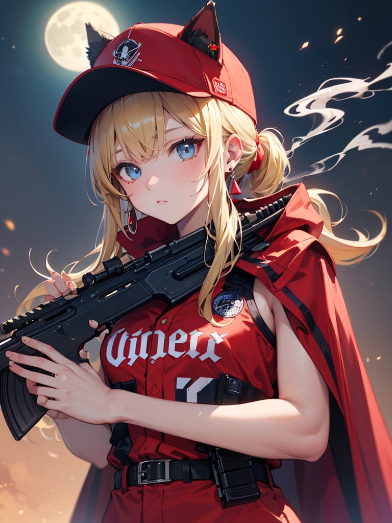 ((kalashnikov_rifle,assault_rifle ,holding_gun))  (((Blonde hair　short ponytail　Wear a cap)))　((cyber punk　Earrings　Smoke a cigarette  solo)),((Shining Moon　Shining Background)) ,((Cat ears)), ((Sleeveless)),((Wine Red Baseball Cap)),((Wearing a wine red baseball uniform))、((Red Cape))、Pale blue eyes ,upper body,(Best Quality, 8k, Oil painting, Mastepiece:1.2), Super detailed, (Realism, It&#39;s photorealistic:1.37), 