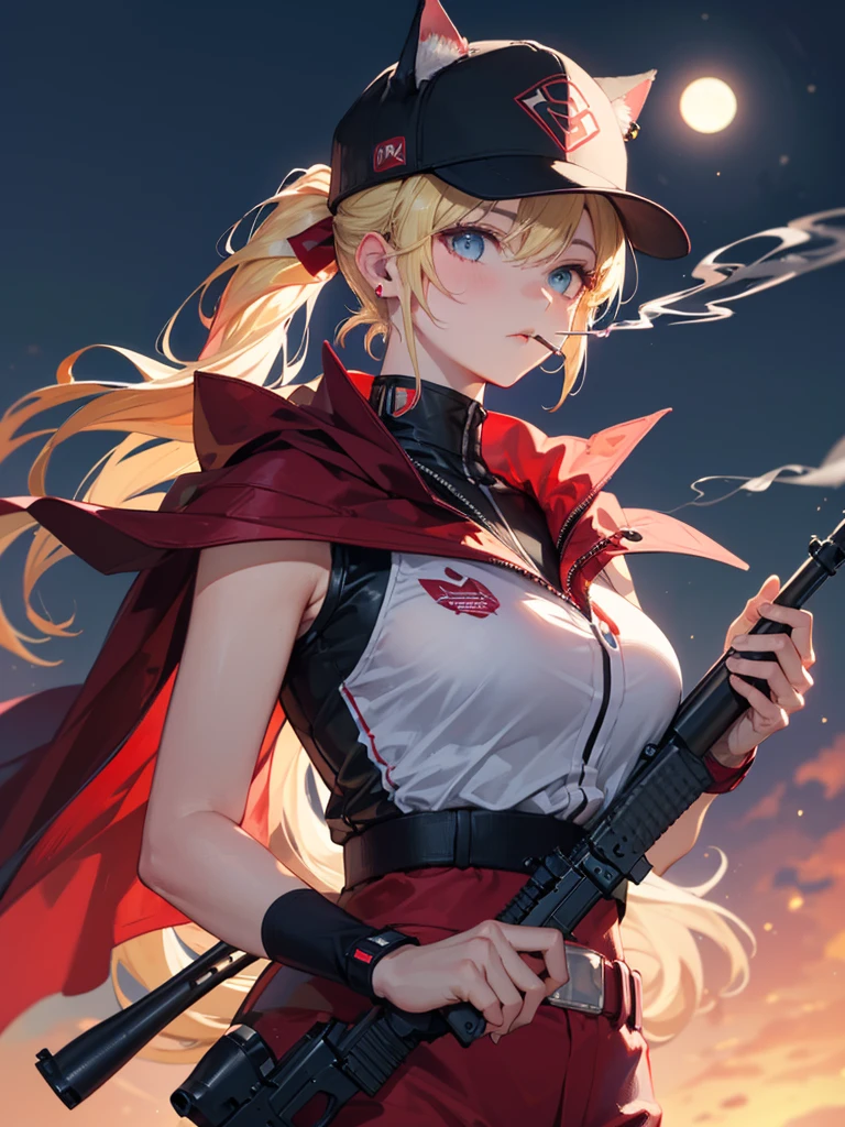 ((kalashnikov_rifle,assault_rifle ,holding_gun))  (((Blonde hair　short ponytail　Wear a cap)))　((cyber punk　Earrings　Smoke a cigarette  solo)),((Shining Moon　Shining Background)) ,((Cat ears)), ((Sleeveless)),((Wine Red Baseball Cap)),((Wearing a wine red baseball uniform))、((Red Cape))、Pale blue eyes ,upper body,(Best Quality, 8k, Oil painting, Mastepiece:1.2), Super detailed, (Realism, It&#39;s photorealistic:1.37), 