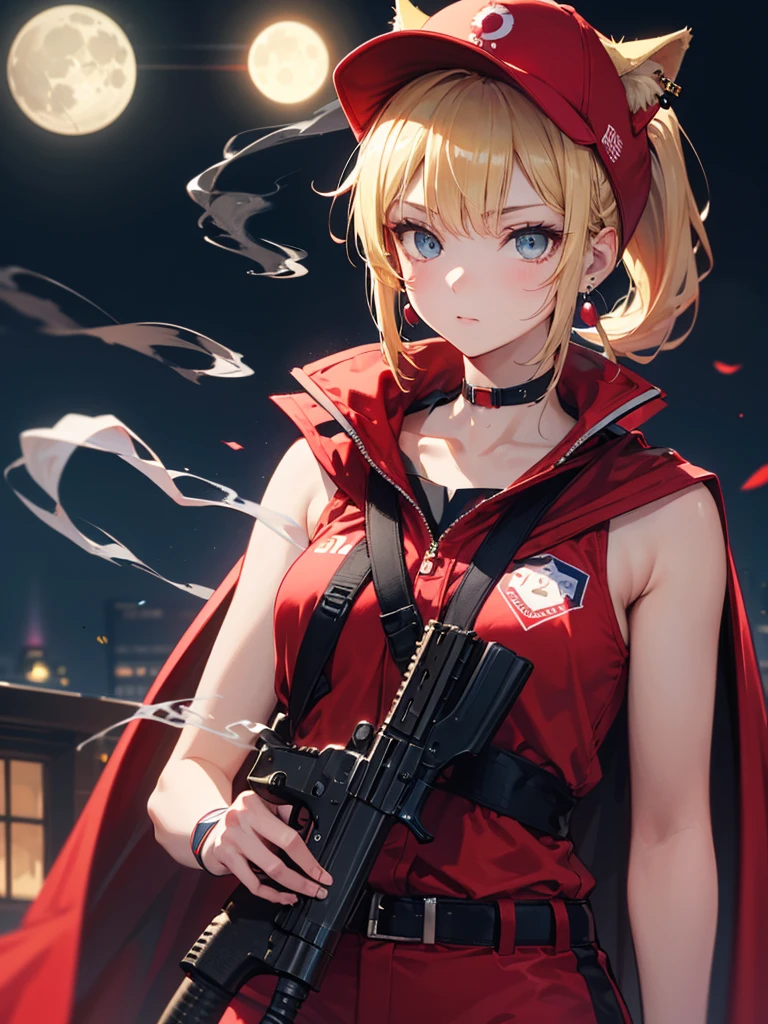 ((kalashnikov_rifle,assault_rifle ,holding_gun))  (((Blonde hair　short ponytail　Wear a cap)))　((cyber punk　Earrings　Smoke a cigarette  solo)),((Shining Moon　Shining Background)) ,((Cat ears)), ((Sleeveless)),((Wine Red Baseball Cap)),((Wearing a wine red baseball uniform))、((Red Cape))、Pale blue eyes ,upper body,(Best Quality, 8k, Oil painting, Mastepiece:1.2), Super detailed, (Realism, It&#39;s photorealistic:1.37), 