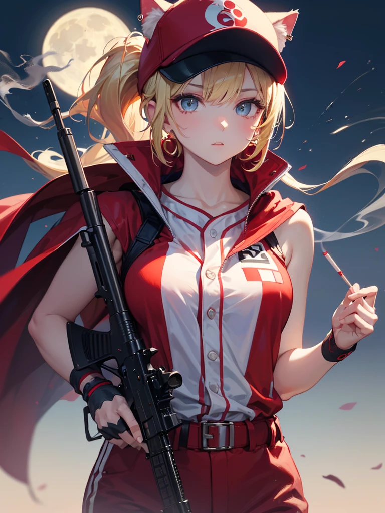 ((kalashnikov_rifle,assault_rifle ,holding_gun))  (((Blonde hair　short ponytail　Wear a cap)))　((cyber punk　Earrings　Smoke a cigarette  solo)),((Shining Moon　Shining Background)) ,((Cat ears)), ((Sleeveless)),((Wine Red Baseball Cap)),((Wearing a wine red baseball uniform))、((Red Cape))、Pale blue eyes ,upper body,(Best Quality, 8k, Oil painting, Mastepiece:1.2), Super detailed, (Realism, It&#39;s photorealistic:1.37), 