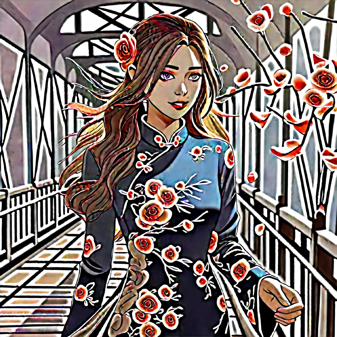realistic 4D caricature of an beautiful thai-japanese female seated at a chair with an elegant setting. She is wearing a dark red medium sleeve dress adorned with fur trim and rose details. In front of her is a glass that contains a dark red liquid, which could be wine, and there are dark red roses nearby. She is smile dimple facing to the camera. It seems to convey a sense of sophistication or preparation for a celebratory event.