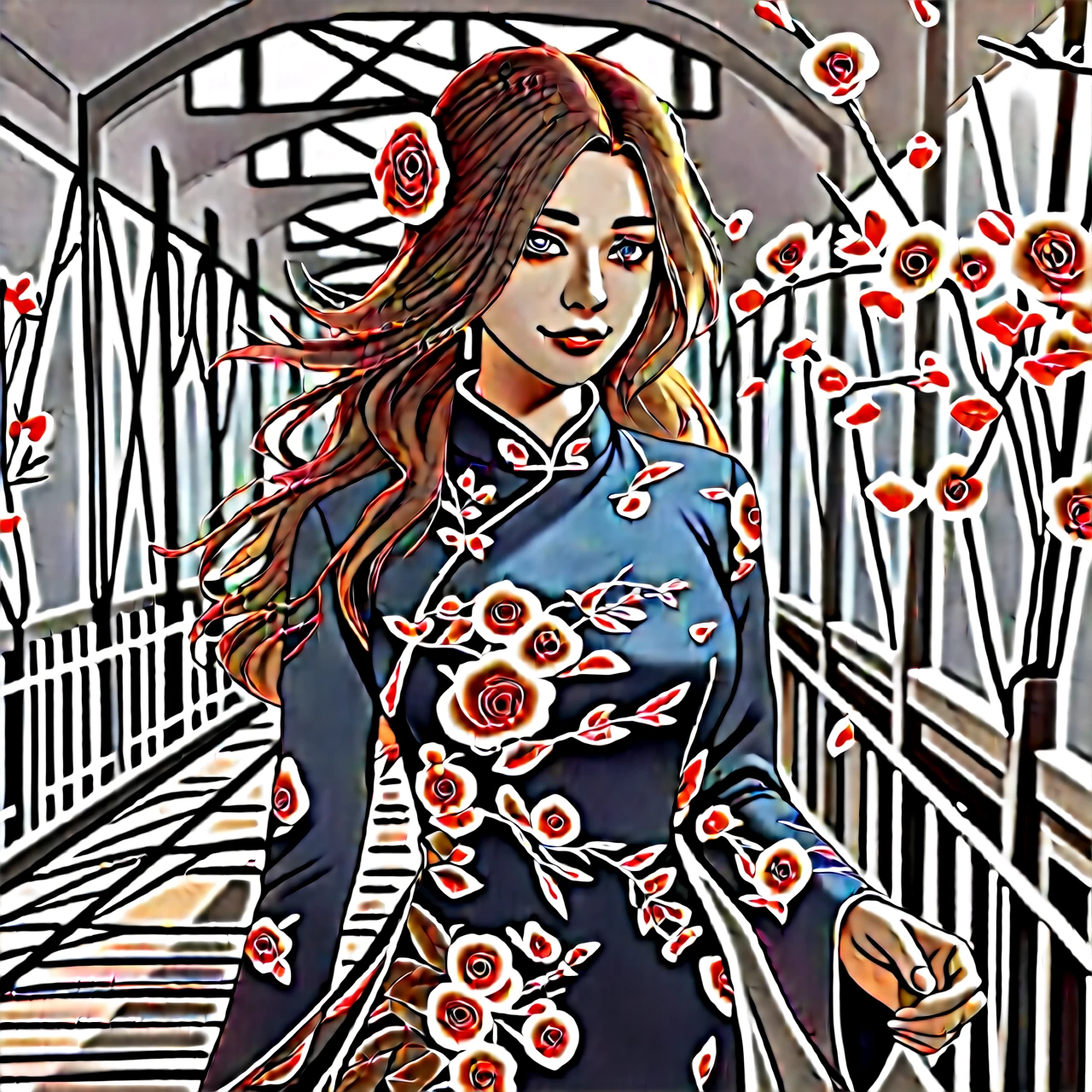 realistic 4D caricature of an beautiful thai-japanese female seated at a chair with an elegant setting. She is wearing a dark red medium sleeve dress adorned with fur trim and rose details. In front of her is a glass that contains a dark red liquid, which could be wine, and there are dark red roses nearby. She is smile dimple facing to the camera. It seems to convey a sense of sophistication or preparation for a celebratory event.