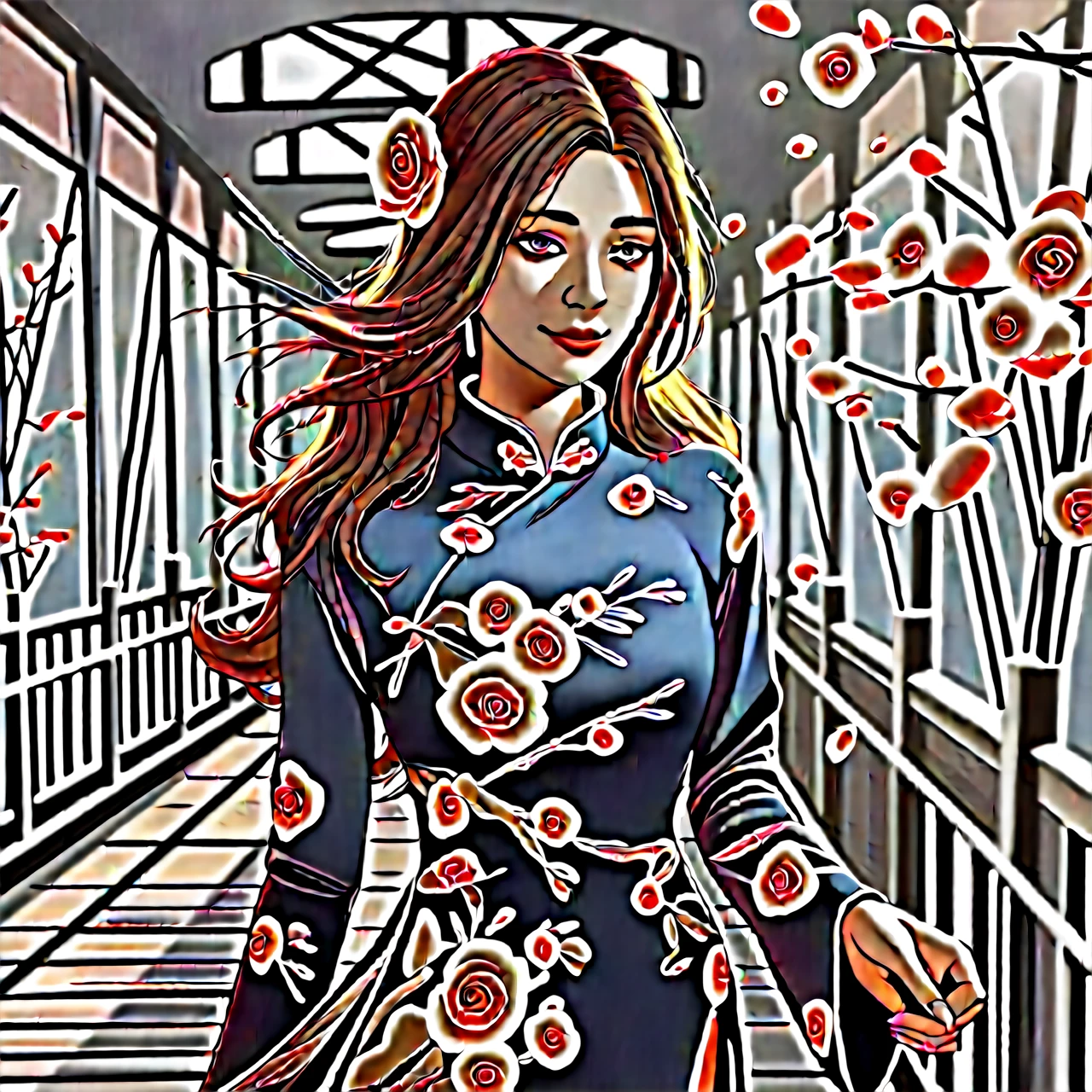 realistic 4D caricature of an beautiful thai-japanese female seated at a chair with an elegant setting. She is wearing a dark red medium sleeve dress adorned with fur trim and rose details. In front of her is a glass that contains a dark red liquid, which could be wine, and there are dark red roses nearby. She is smile dimple facing to the camera. It seems to convey a sense of sophistication or preparation for a celebratory event.