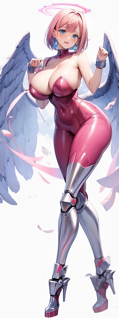 Anime girl with angel wings and a pink bodysuit posing, Abnormally enlarged hips, tits, super wide angel, biomechanical tits, tits proportions, chic, Bubble Gum Body, Shiny skin, Highly detailed body, Cute sexy ass, latex BODY suit, Pink Hair, Heart-shaped earrings, A-line bob cut hair, Heart hands, blue eyes, Blue glowing eyes, Circle of angels overhead, torogao, tongue out, saliva, blush,