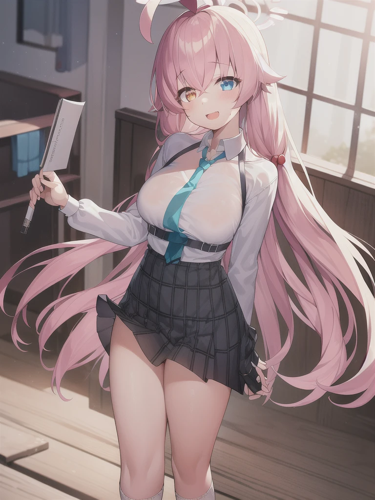 (最high quality, High resolution, masterpiece:1.2), Realistic, Detailed Female Portrait, suit skirt, lace thong, Beautiful and slim legs, length, Flowing white hair, bright pink eyes, masterpiece smile, high quality, office,