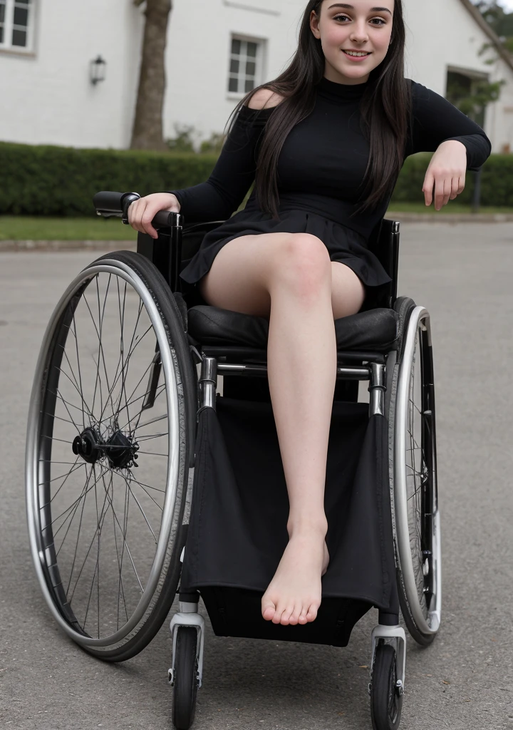 Goth  girl in wheelchair obvious upskirt crossed legs 