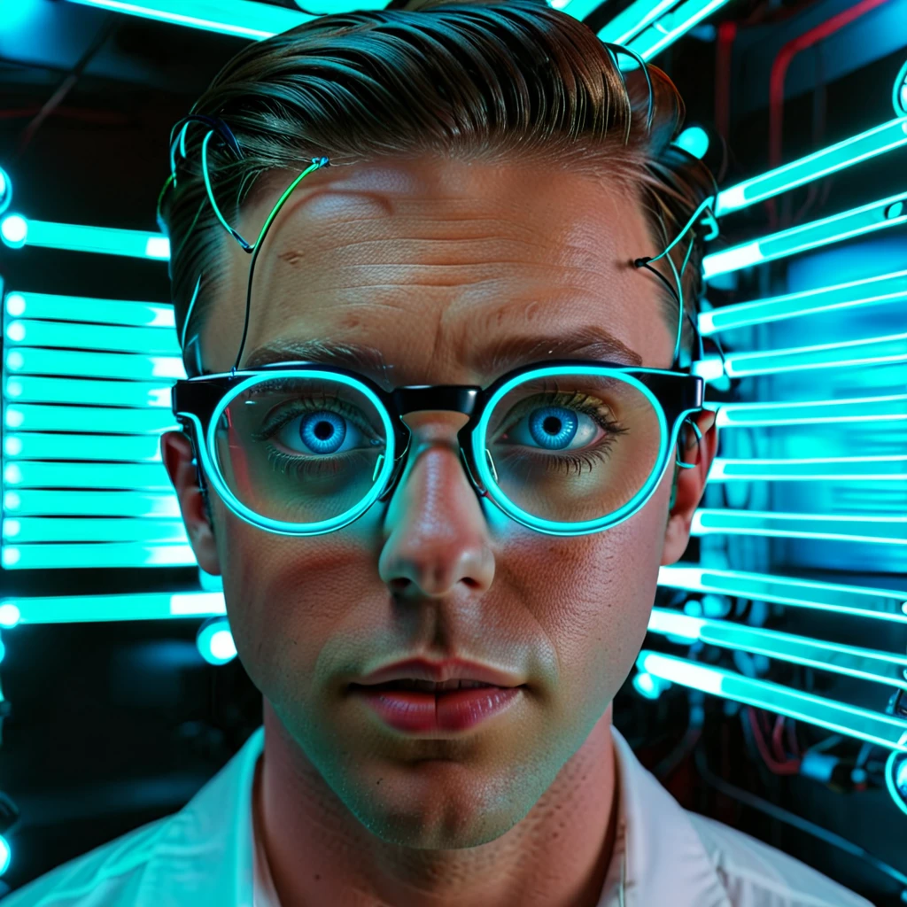 a AR glasses displaying bankruptcy options, futuristic financial planning, neon lights, 1 person, detailed face, blue eyes, sharp lighting, cinematic, photorealistic, 8k, detailed mechanical parts, complex circuits, glowing user interface, holographic projections, vibrant neon colors, dramatic shadows, moody atmosphere, industrial setting, metallic textures, minimalist design, xill,clean lines