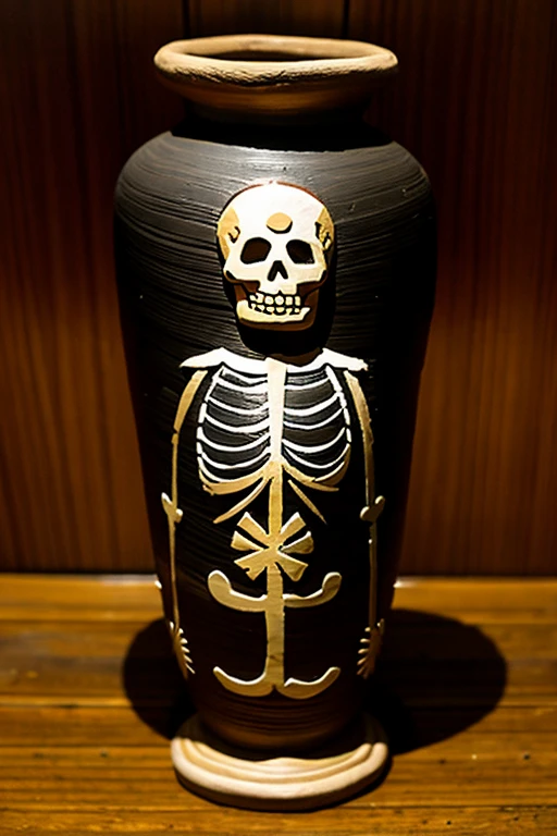 ((Best Quality)), ((Masterpiece)), (detailed) A GUARANI CLAY VASE WITH THINGS FROM THE DAY OF THE DEAD AND SKELETONS