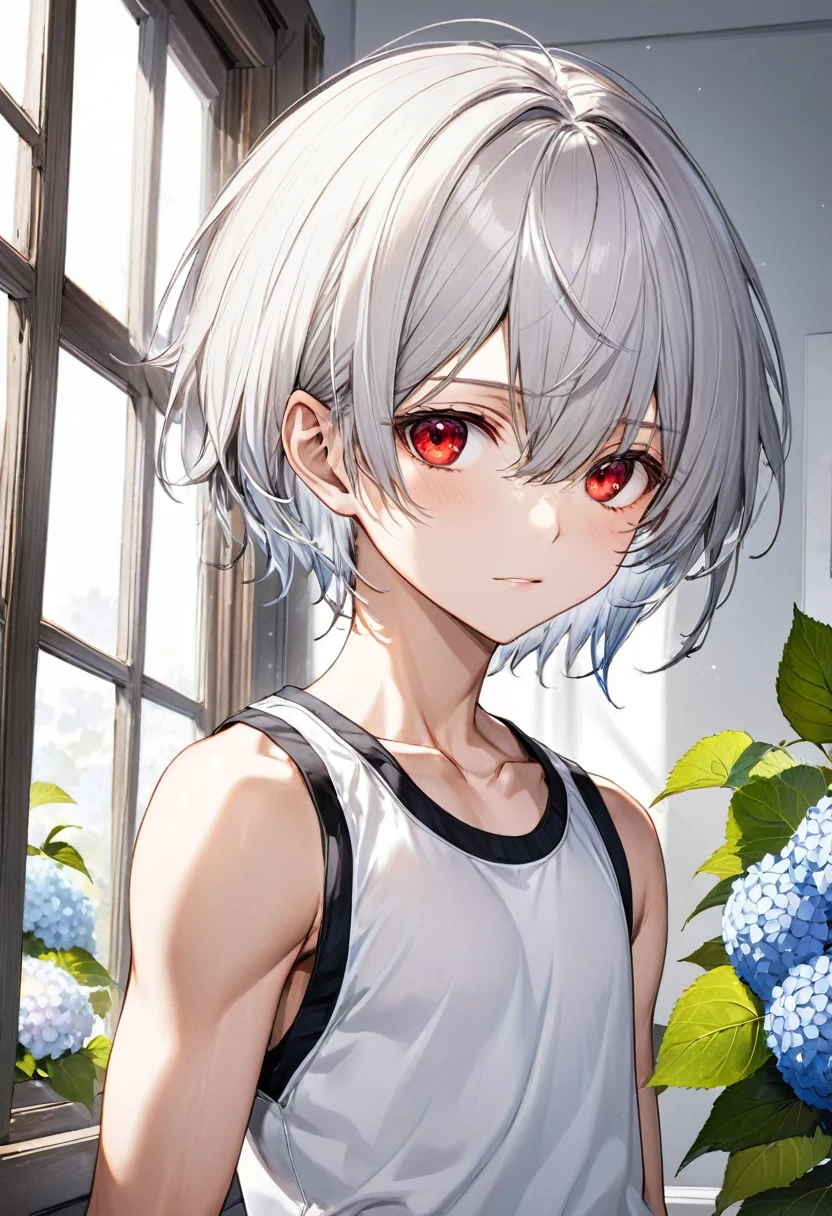 (close up face) (16 yo, solo crew cut silver hair very short hair divine sword fighter boy, detailed cool red eyes, serious face, flat chest), (in a Tank top, hot pants), break, (in the simple bedroom, background Through the window, out side A cluster of hydrangeas), BREAK, perfect anatomy, masterpiece, best quality, 16k, beautiful detailed grow, daydreaming expression.
