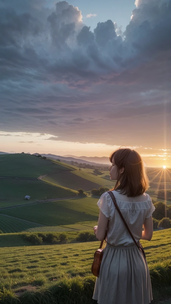 An image of a sunrise in the countryside, where a person is putting a viola in a bag, ready to travel. The scene should convey a feeling of freedom and tranquility, with soft colors and an atmosphere of peace.
