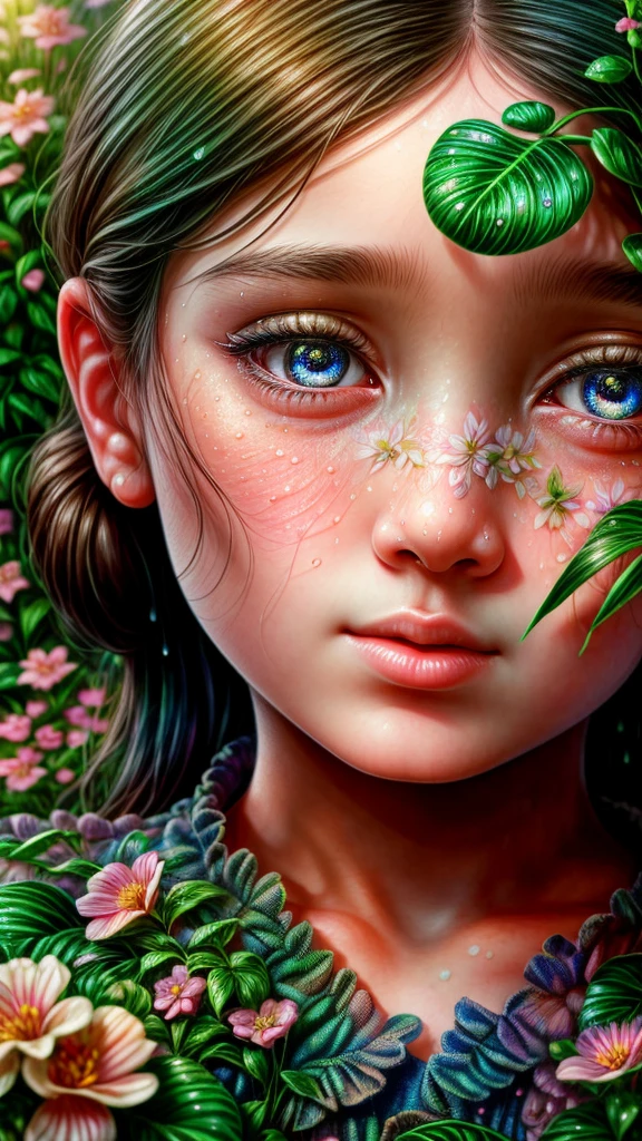 a young girl playing in a garden after the rain, snail, beautiful detailed eyes, beautiful detailed lips, extremely detailed face and eyes, long eyelashes, intricate flower garden, colorful blooming flowers, lush foliage, gentle rain, soft lighting, cinematic composition, vibrant colors, photorealistic, 8k, best quality, masterpiece