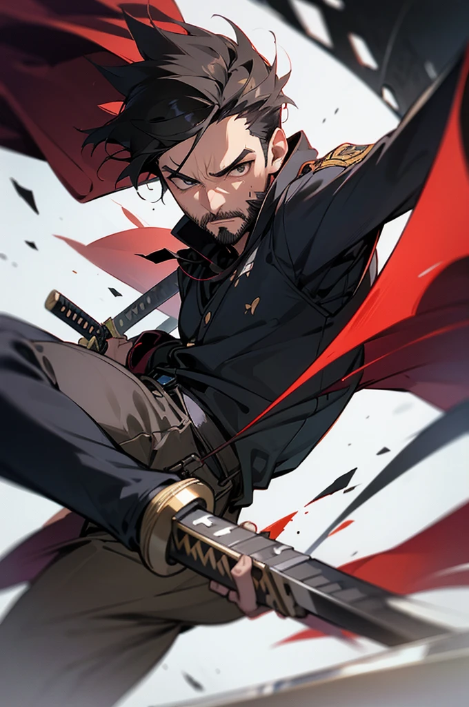 Adult man; stubble; western clothing; collision of katana blows in a fight against a robot using a sword