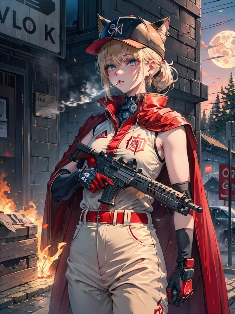 ((kalashnikov_rifle,assault_rifle ,holding_gun))  (((Blonde hair　short ponytail　Wear a cap)))　((cyber punk　Earrings　Smoke a cigarette  solo)),((Shining Moon　Shining Background)) ,((Cat ears)), ((Sleeveless)),((Wine Red Baseball Cap)),((Wearing a wine red baseball uniform))、((Red Cape))、Pale blue eyes ,upper body,(Best Quality, 8k, Oil painting, Mastepiece:1.2), Super detailed, (Realism, It&#39;s photorealistic:1.37), 