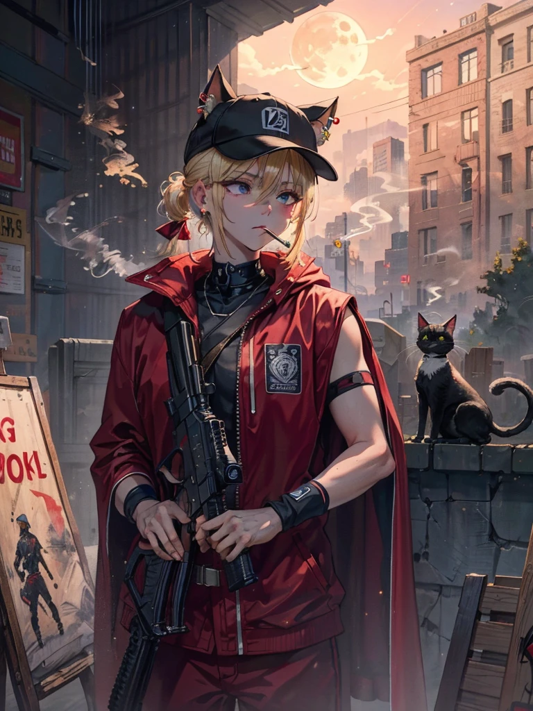 ((kalashnikov_rifle,assault_rifle ,holding_gun))  (((Blonde hair　short ponytail　Wear a cap)))　((cyber punk　Earrings　Smoke a cigarette  solo)),((Shining Moon　Shining Background)) ,((Cat ears)), ((Sleeveless)),((Wine Red Baseball Cap)),((Wearing a wine red baseball uniform))、((Red Cape))、Pale blue eyes ,upper body,(Best Quality, 8k, Oil painting, Mastepiece:1.2), Super detailed, (Realism, It&#39;s photorealistic:1.37), 