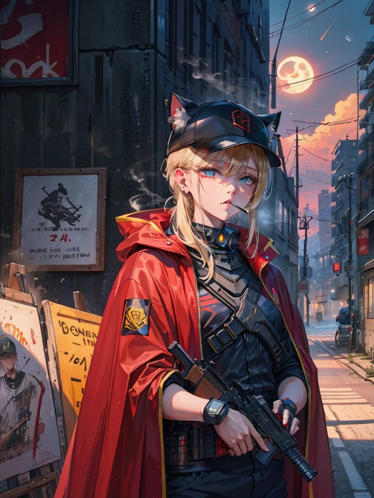 ((kalashnikov_rifle,assault_rifle ,holding_gun))  (((Blonde hair　short ponytail　Wear a cap)))　((cyber punk　Earrings　Smoke a cigarette  solo)),((Shining Moon　Shining Background)) ,((Cat ears)), ((Sleeveless)),((Wine Red Baseball Cap)),((Wearing a wine red baseball uniform))、((Red Cape))、Pale blue eyes ,upper body,(Best Quality, 8k, Oil painting, Mastepiece:1.2), Super detailed, (Realism, It&#39;s photorealistic:1.37), 