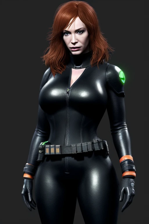 Christina Hendricks as an Splinter Cell character, alluring 48 year old woman, High-quality facial research of Christina Hendricks, (Christina's sculpted cheekbones and slight wrinkles around the face), High-quality detailed research of Christina Hendricks voluptuous figure, buxom chested. Fingerless Gloves, skin-tight black leather suit, utility belt. Whole body, Casual pose, Beautiful pose, (Extremely detailed CG 8k wallpaper), (Extremely delicate and beautiful), (Masterpiece), (Best quality: 1.0), (Ultra-high resolution: 1.0), Beautiful lighting, Perfect lighting, Realistic shadows, [high resolution], Detailed skin, Super detailed (((Colorful))), Digital art, Splinter Cell concept art, full body concept art, Expert concept art with high detail, concept-art, stealth game concept art, concept-art, Bruno Gauthier Leblanc style, Video game concept art, 4K, full body portrait
