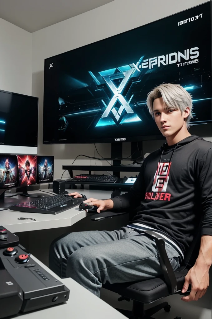 A gamer sitting on his gaming setup and having a youtube silver play button in his background and in big letters" x-perts "is written in background