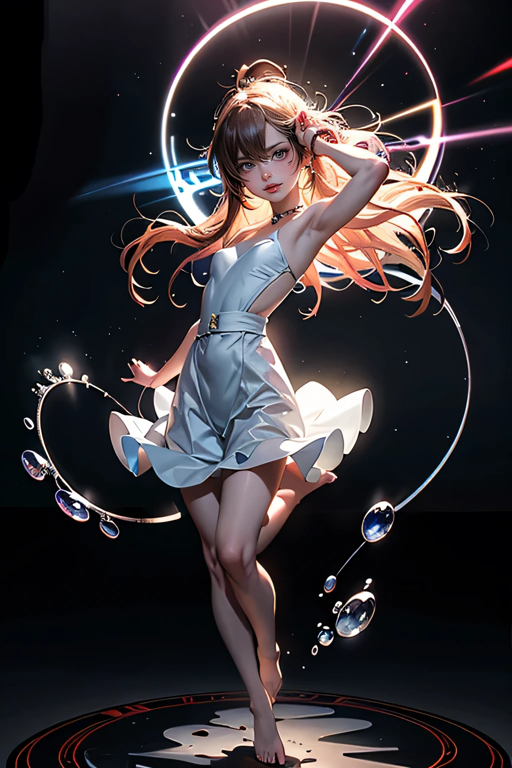 masterpiece, High resolution, Beautiful girl in anime style, In a dirty beaker, Immersed in liquid, Homunculus, magic circle, Small room with fluorescent flash, Perfect beautiful girl, No clothes, Shine from the inside, Staring at the audience, Laughter, 3D Rendering, perspective, wonderfulアニメイラスト, Impressive lighting, wonderful, dangerous, Monstrous