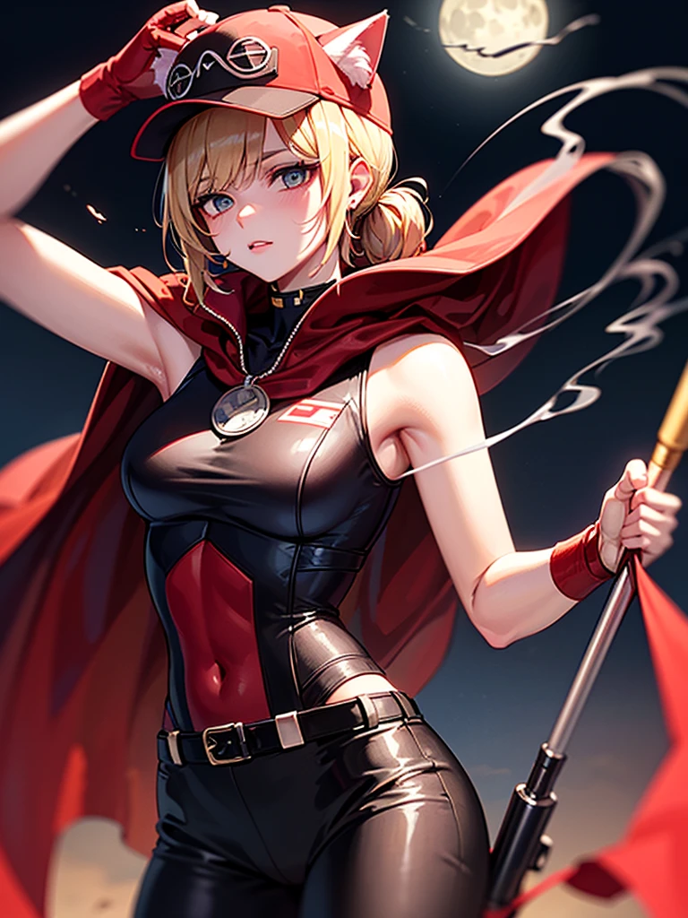 ((kalashnikov_rifle,assault_rifle ,holding_gun))  (((Blonde hair　short ponytail　Wear a cap)))　((cyber punk　Earrings　Smoke a cigarette  solo)),((Shining Moon　Shining Background)) ,((Cat ears)), ((Sleeveless)),((Wine Red Baseball Cap)),((Wearing a wine red baseball uniform))、((Red Cape))、Pale blue eyes ,upper body,(Best Quality, 8k, Oil painting, Mastepiece:1.2), Super detailed, (Realism, It&#39;s photorealistic:1.37), 