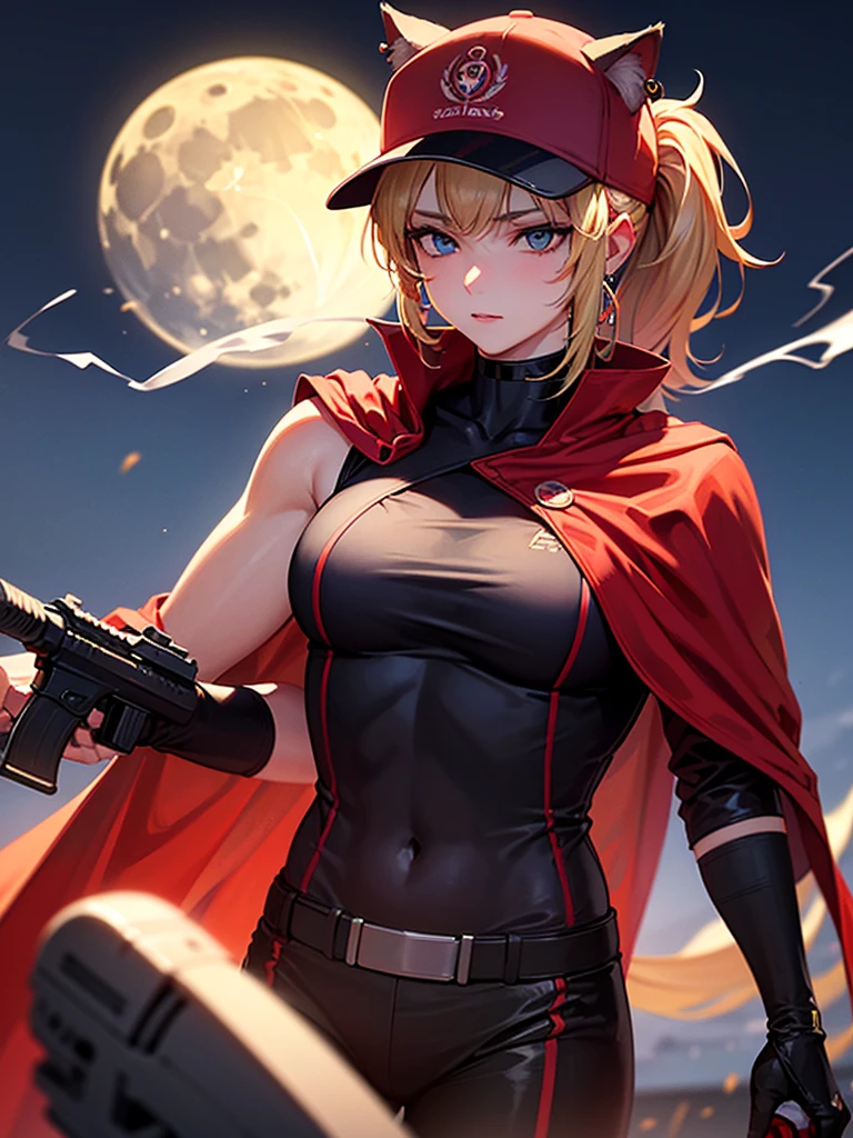 ((kalashnikov_rifle,assault_rifle ,holding_gun))  (((Blonde hair　short ponytail　Wear a cap)))　((cyber punk　Earrings　Smoke a cigarette  solo)),((Shining Moon　Shining Background)) ,((Cat ears)), ((Sleeveless)),((Wine Red Baseball Cap)),((Wearing a wine red baseball uniform))、((Red Cape))、Pale blue eyes ,upper body,(Best Quality, 8k, Oil painting, Mastepiece:1.2), Super detailed, (Realism, It&#39;s photorealistic:1.37), 