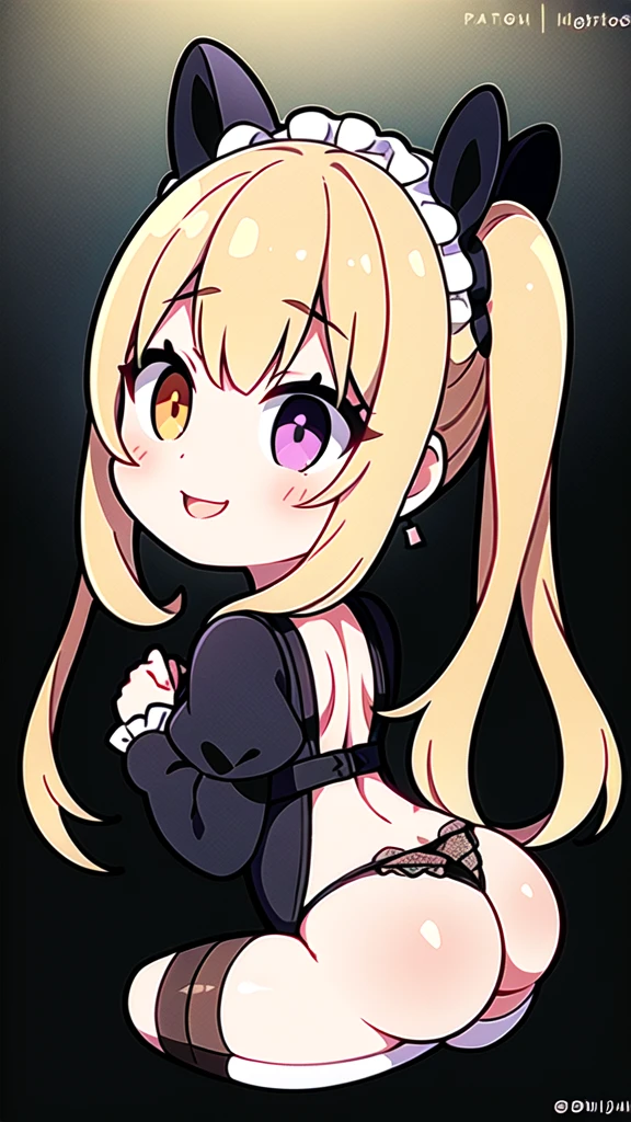 A girl, ta style, maid, butt, back to me, back to the camera, fat butt, white butt, beautiful butt, fat butt, beautiful butt, ass, kneeling position, hands on the ground, sticking out her butt, Buttocks, camel toe, pubic mound, mons pubis, blonde hair, long hair, twin tails, long twin tails, bangs, heterochromatic eyes, one pupil is purple, one pupil is gold, black stockings, stockings, flesh Legs, black lace panties, panties, briefs, lace, lace briefs, translucent briefs, blush, tenderness, smile, high quality, don't show excessive composition problems, masterwork, skin Fair, smooth skin, clear pupils, high-definition picture quality, perfect composition , fine characterization, extreme details, coordination of light and shadow, precise body proportions, (correct proportions of facial features), (exquisitely sculpted face), epic works, 8K, (Masterpiece), (High Quality), (Super Detailed), ((Illustration))
