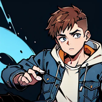  Human Male 21 year old, clear  skin , Brown fade haircut, Dark pupils,  hoodie under,wearing Pants , wearing Denim Jacket , manga Style , blue pupils 