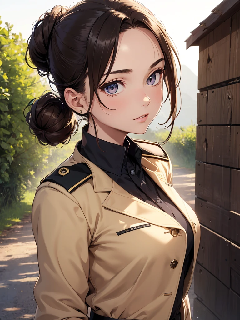 (8K, Best Quality, Masterpiece, Ultra High Resolution) 1 Girl, Woman, Beautiful Eyes, Face Details, Brunette Hair, Hair Tied Up, Hair Bun, Brown Eyes, Pale Skin, Tan Colored Military Uniform, Tan Jacket, White Fitted Shirt, Military Badge, Outside, Dirt Road, Countryside, Best Quality, Upper Body, Looking at the Viewer, Facing Viewer, Close Up
