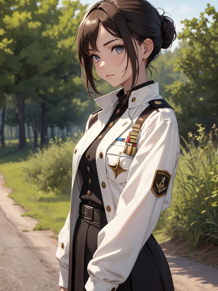 (8K, Best Quality, Masterpiece, Ultra High Resolution) 1 Girl, Woman, Beautiful Eyes, Face Details, Brunette Hair, Hair Tied Up, Hair Bun, Brown Eyes, Pale Skin, Tan Colored Military Uniform, Tan Jacket, White Fitted Shirt, Military Badge, Outside, Dirt Road, Countryside, Best Quality, Upper Body, Looking at the Viewer, Facing Viewer, Close Up