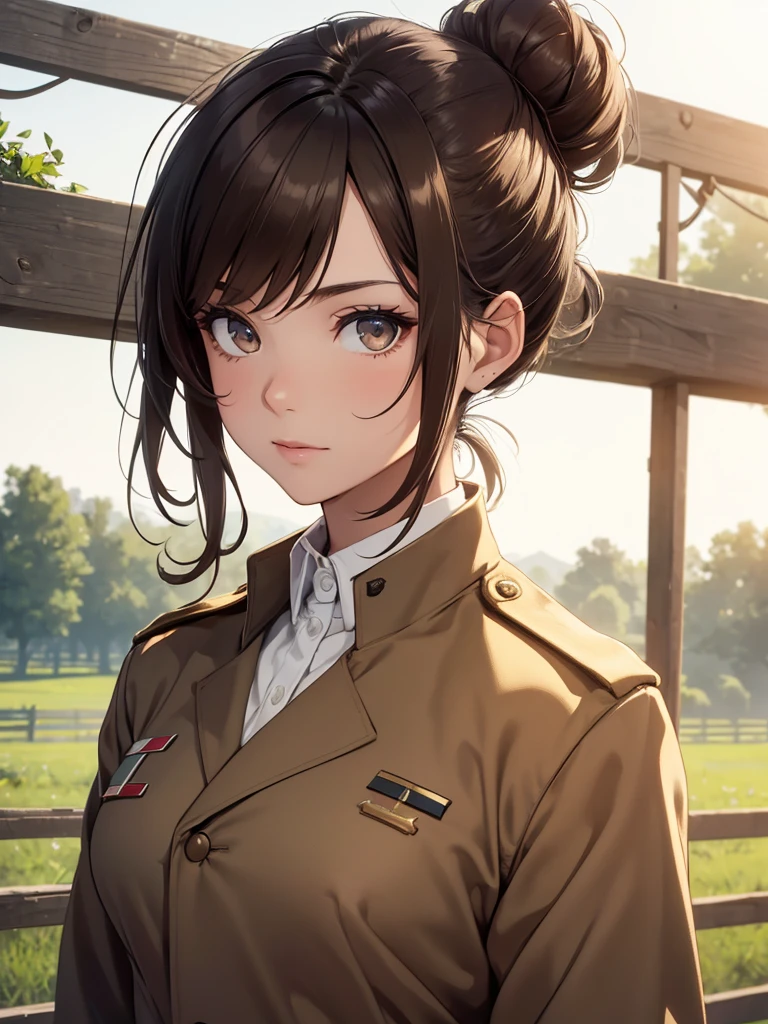 (8K, Best Quality, Masterpiece, Ultra High Resolution) 1 Girl, Woman, Beautiful Eyes, Face Details, Brunette Hair, Hair Tied Up, Hair Bun, Brown Eyes, Pale Skin, Tan Colored Military Uniform, Tan Jacket, White Fitted Shirt, Military Badge, Outside, Dirt Road, Countryside, Best Quality, Upper Body, Looking at the Viewer, Facing Viewer, Close Up
