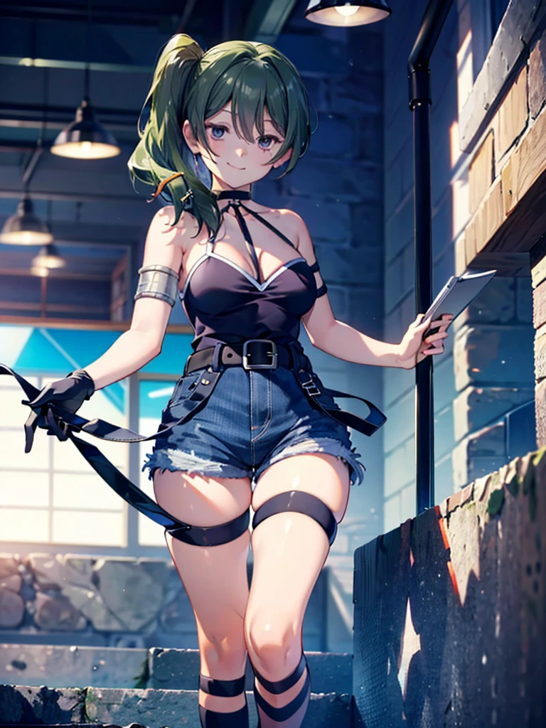 (8K, Highest quality, Highest quality, masterpiece), ubel, long hair, side ponytail, cleavage, belt, arm strap, single elbow glove, thigh strap, smile, denim hot shorts, mini shorts, medium breasts