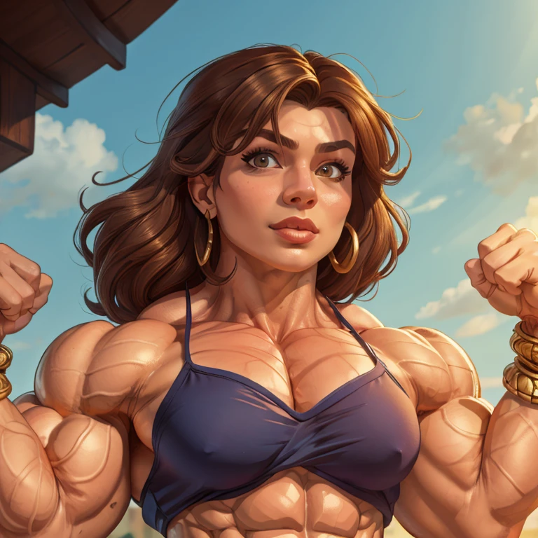 (masterpiece:1.2), (best quality), (ultra detailed), (8k, 4k, intricate),(full-body-shot:1), (highly detailed:1.2),(detailed face:1.2), (detailed background), muscle woman with brunette hair wearing top and gold bracelets, muscle woman, big muscles, huge muscles, massive muscles, mature woman