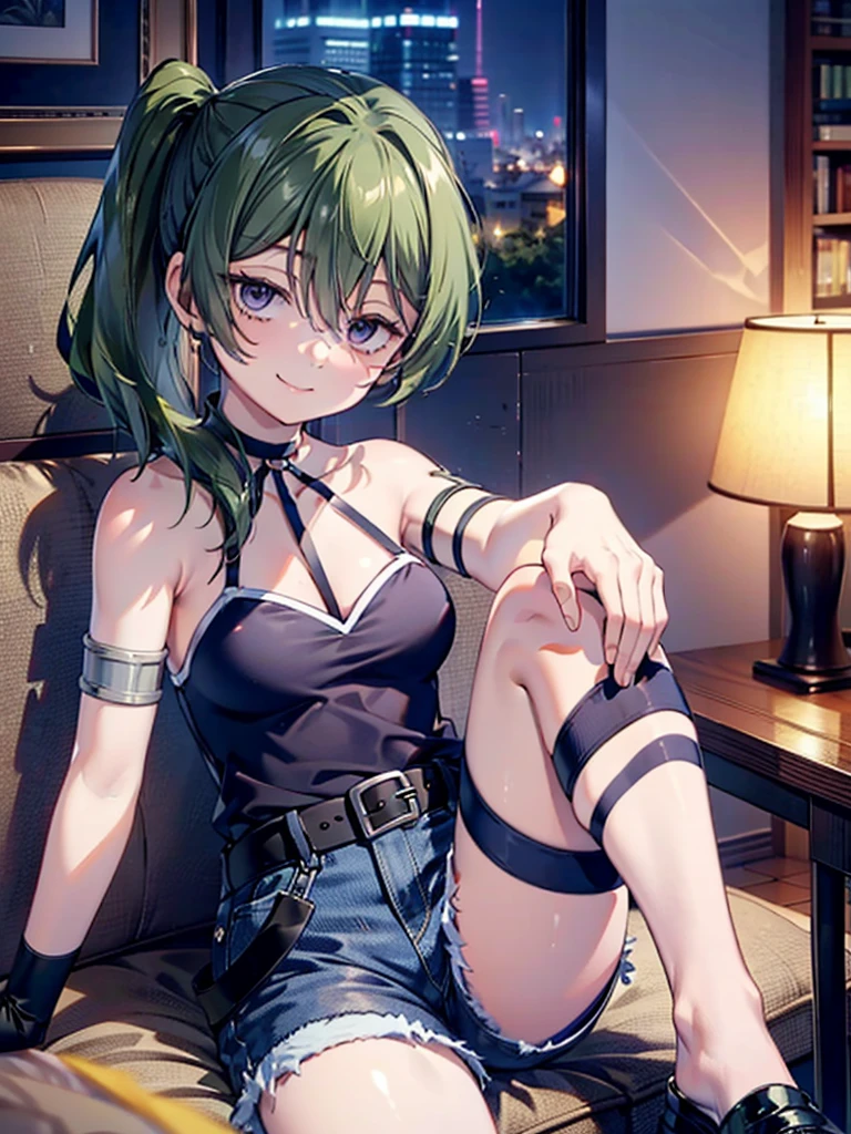 (8K, Highest quality, Highest quality, masterpiece), ubel, long hair, side ponytail, cleavage, belt, arm strap, single elbow glove, thigh strap, smile, denim hot shorts, mini shorts, medium breasts