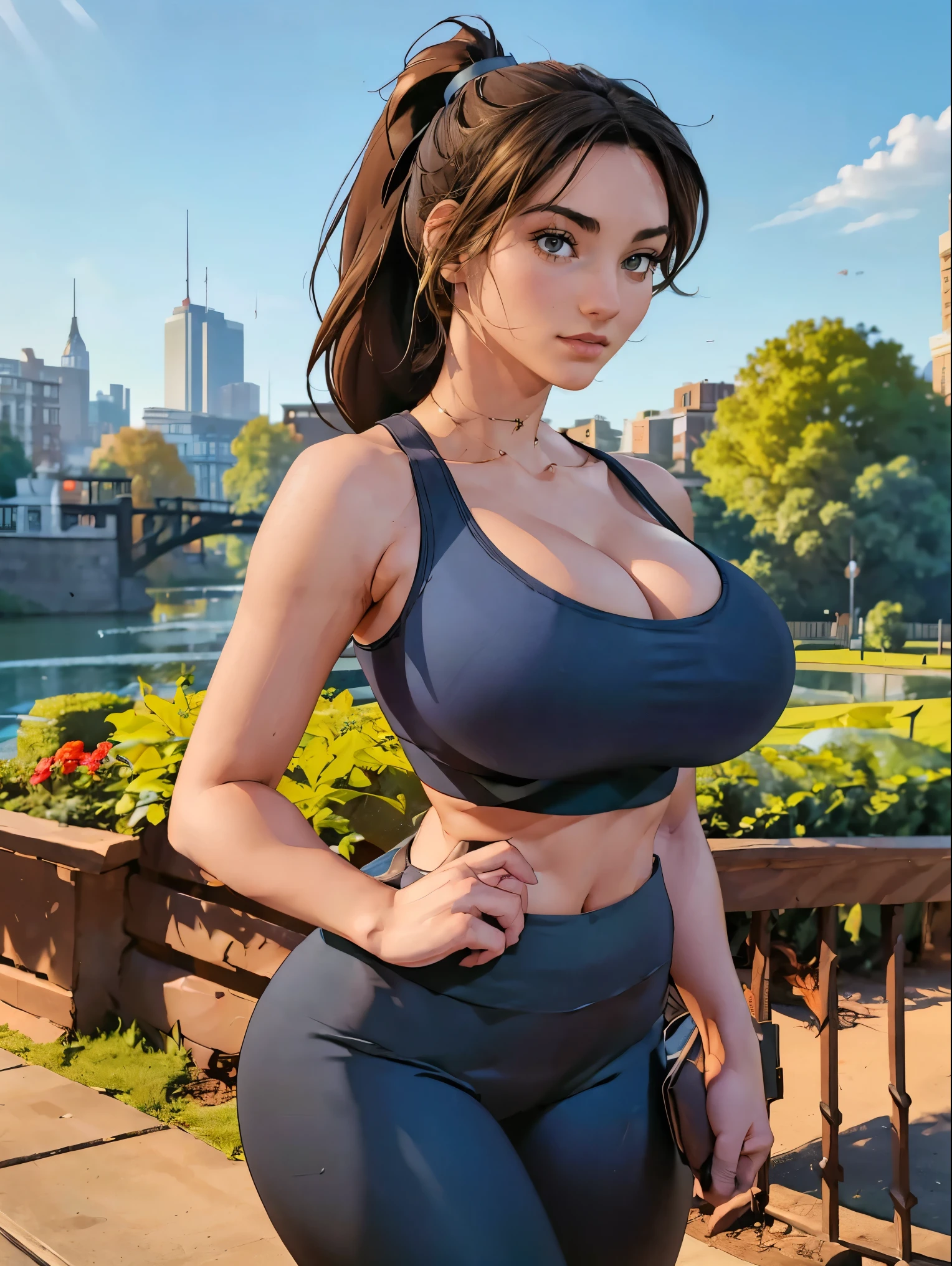 (masterpiece, top quality, best quality, official art, beautiful and aesthetic:1.2), (1girl:1.3), long dark brown hair, ((loose ponytail)), extremely detailed, portrait, looking at viewer, solo, (full body:0.6), detailed background, close up, mischievous green eyes, (warm nature theme:1.1), extremely busty slender brunette, jogging, running, huge lips, cheerful, mysterious, dark grey workout clothes, blue trim, sports bra, racerback, sleeveless, leggings, shorts, ponytail, slender, gigantic breasts, cleavage, skindentation, bouncing breasts, slim waist, slim hips, long legs, modern (city park exterior:1.1) background, bright optimistic lighting, shadows, magical atmosphere, dutch angle