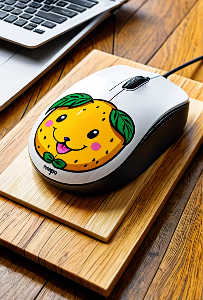 Futuristik mouse for computer,screen print with thai food patern.namely mango sticky rice. higly detailed, oak wood table.