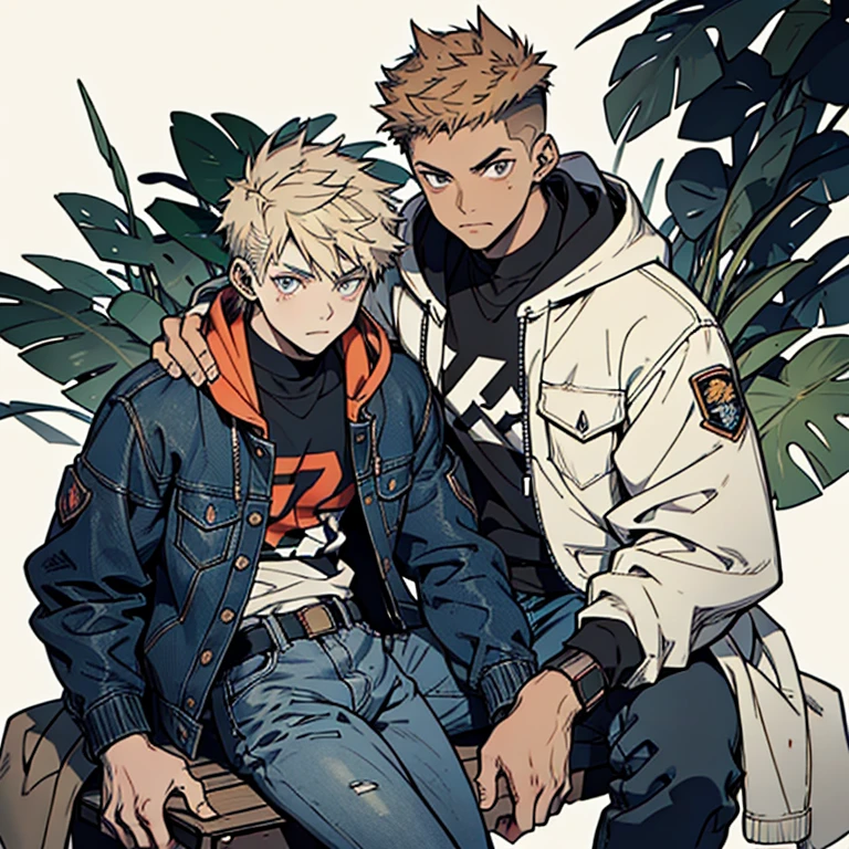 Human Male 21 year old, clear skin , Brown fade haircut, Dark pupils, hoodie under,wearing Pants , wearing Denim Jacket , manga Style , blue pupils
