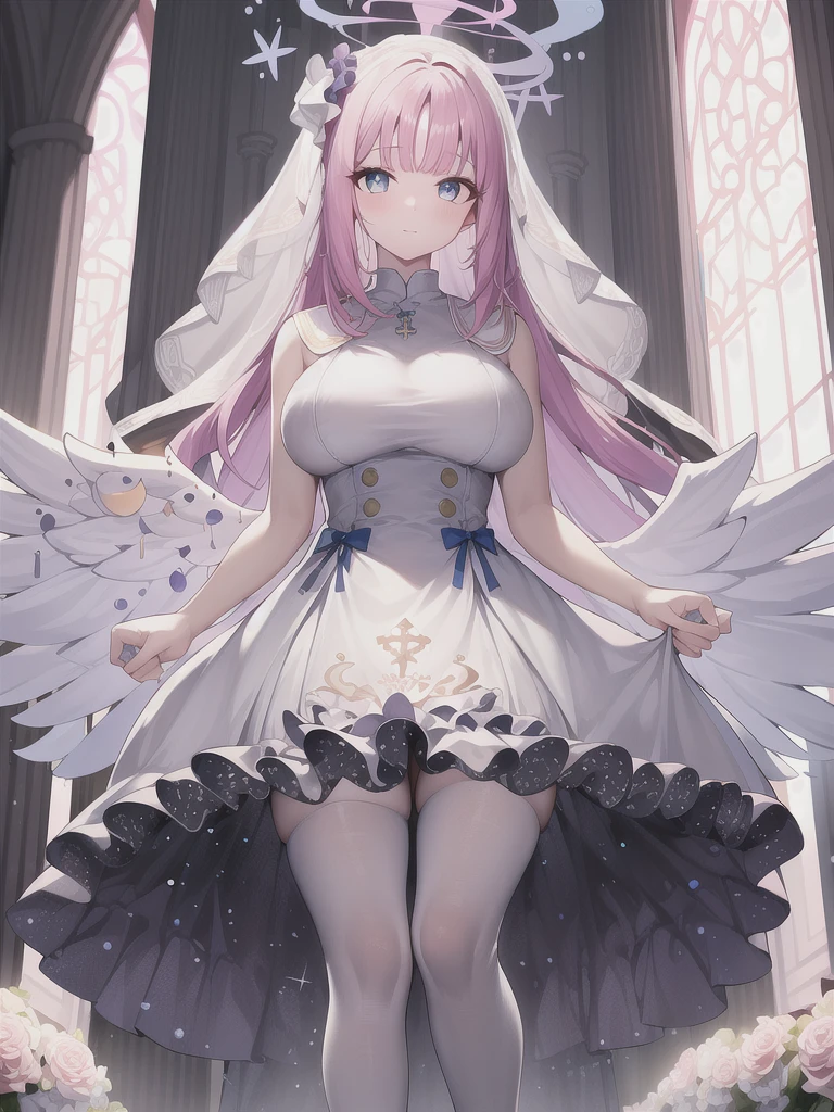 A girl，long hair, Bangs, Pink hair, Hair between the eyes, s eyes:（1.5),  (Large Breasts:1.2), 
rest  锁骨, Wedding dress，veil，wedding，White dress，Flowers，Broken skirt，White socks，Tights，White knee socks，boots，
looking at viewer, whole body,
indoors, church，Standing，Standing，
rest (masterpiece:1.2), best quality, high resolution, Unity 8k Wallpaper, (illustration:0.8), (美丽细致s eyes:1.6), Extremely detailed face, Perfect lighting, Extremely detailed CG, (Perfect hands, Perfect anatomical structure),