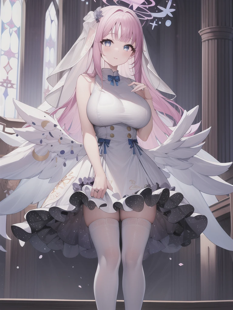 A girl，long hair, Bangs, Pink hair, Hair between the eyes, s eyes:（1.5),  (Large Breasts:1.2), 
rest  锁骨, Wedding dress，veil，wedding，White dress，Flowers，Broken skirt，White socks，Tights，White knee socks，boots，
looking at viewer, whole body,
indoors, church，Standing，Standing，
rest (masterpiece:1.2), best quality, high resolution, Unity 8k Wallpaper, (illustration:0.8), (美丽细致s eyes:1.6), Extremely detailed face, Perfect lighting, Extremely detailed CG, (Perfect hands, Perfect anatomical structure),