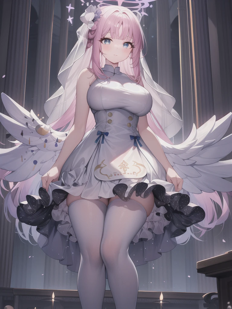 A girl，long hair, Bangs, Pink hair, Hair between the eyes, s eyes:（1.5),  (Large Breasts:1.2), 
rest  锁骨, Wedding dress，veil，wedding，White dress，Flowers，Broken skirt，White socks，Tights，White knee socks，boots，
looking at viewer, whole body,
indoors, church，Standing，Standing，
rest (masterpiece:1.2), best quality, high resolution, Unity 8k Wallpaper, (illustration:0.8), (美丽细致s eyes:1.6), Extremely detailed face, Perfect lighting, Extremely detailed CG, (Perfect hands, Perfect anatomical structure),