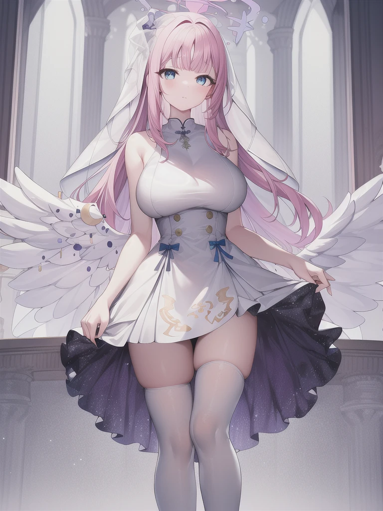 A girl，long hair, Bangs, Pink hair, Hair between the eyes, s eyes:（1.5),  (Large Breasts:1.2), 
rest  锁骨, Wedding dress，veil，wedding，White dress，Flowers，Broken skirt，White socks，Tights，White knee socks，boots，
looking at viewer, whole body,
indoors, church，Standing，Standing，
rest (masterpiece:1.2), best quality, high resolution, Unity 8k Wallpaper, (illustration:0.8), (美丽细致s eyes:1.6), Extremely detailed face, Perfect lighting, Extremely detailed CG, (Perfect hands, Perfect anatomical structure),