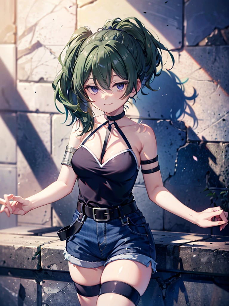 (8K, Highest quality, Highest quality, masterpiece), ubel, long hair, side ponytail, cleavage, belt, arm strap, single elbow glove, thigh strap, smile, denim hot shorts, mini shorts, medium breasts