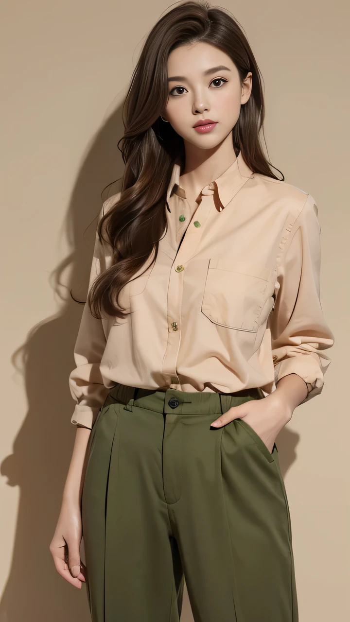 She is short, Brown hair and hazel eyes. She wore a simple salmon colored button down shirt and green pants.. Light