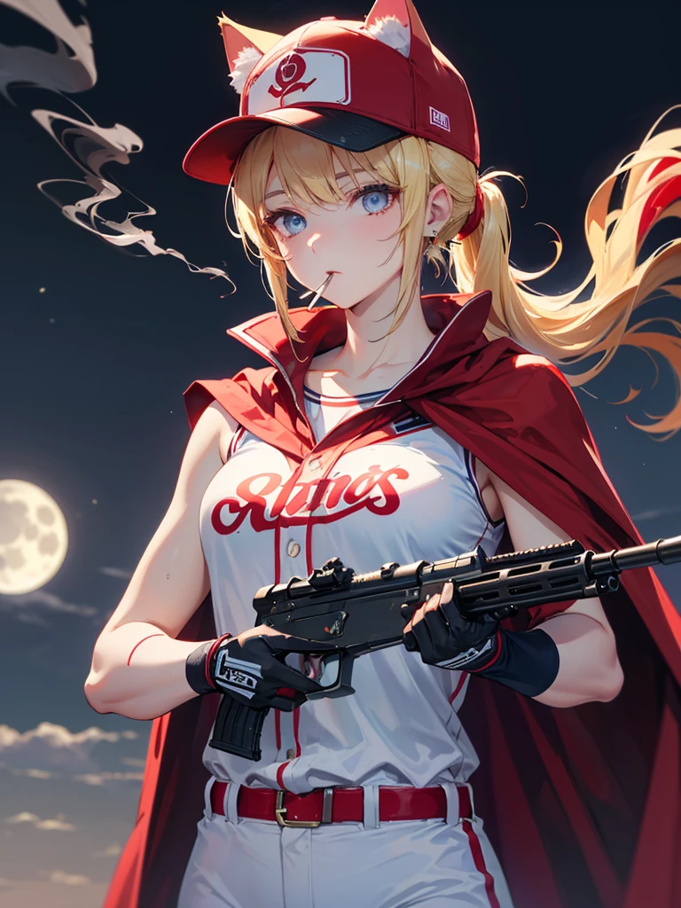 ((kalashnikov_rifle,assault_rifle ,holding_gun))  (((Blonde hair　short ponytail　Wear a cap)))　((cyber punk　Earrings　Smoke a cigarette  solo)),((Shining Moon　Shining Background)) ,((Cat ears)), ((Sleeveless)),((Wine Red Baseball Cap)),((Wearing a wine red baseball uniform))、((Red Cape))、Pale blue eyes ,upper body,(Best Quality, 8k, Oil painting, Mastepiece:1.2), Super detailed, (Realism, It&#39;s photorealistic:1.37), 