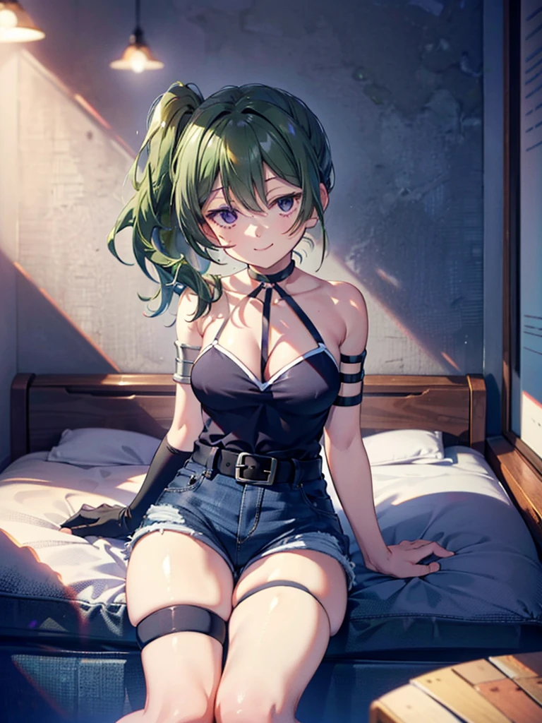 (8K, Highest quality, Highest quality, masterpiece), ubel, long hair, side ponytail, cleavage, belt, arm strap, single elbow glove, thigh strap, smile, denim hot shorts, mini shorts, medium breasts