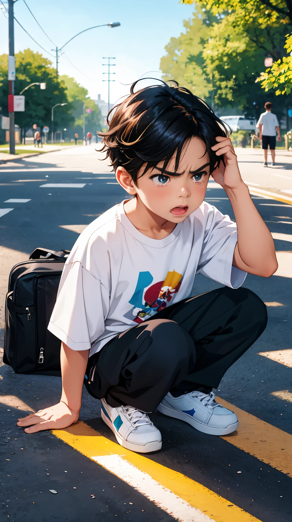 anime:1.6, long shot, whole body:1.5, (5 year old boy:1.4, disappointed, angry:1.4), hyperrealism, skin texture, Very detailed, 8k hd, beautiful, emotional expression, tears, messy hair, Dirty clothes, ice cream spilled on the floor, outdoor park, bright sunlight, detailed background, cinematic lighting, vibrant colors