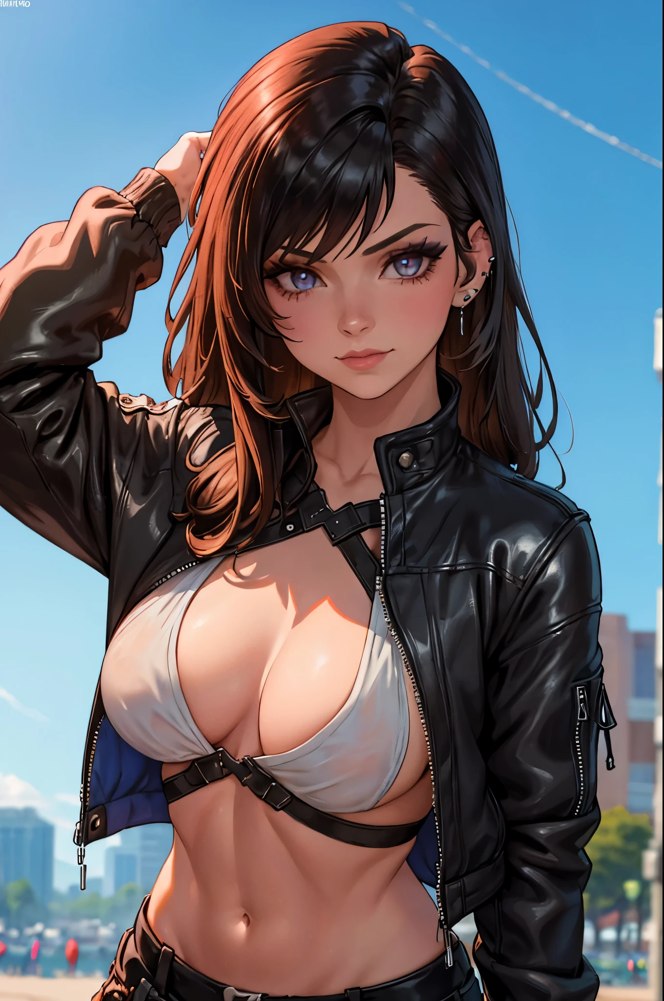 (masterpiece:1.2, best quality), (1lady, solo, upper body:1.2), Hair: shaved on one side, long on the other side, dyed bright blue, Makeup: bold, graphic eyeliner with rhinestones on the outer corners of the eyes, Clothing: a handmade, one-of-a-kind, patchwork jacket with fringe, paired with black leather shorts and fishnet stockings, Accessories: a silver nose ring and multiple ear piercings with unique jewelry pieces, Attending a music festival or alternative fashion event