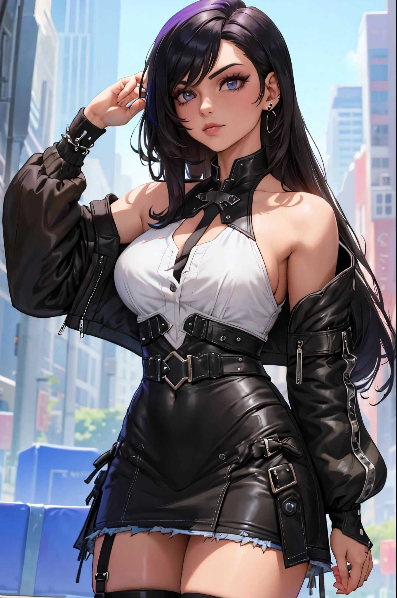 ，high high quality，beauitful face，1girll，Leather Tight Skirt，Oversized leather jacket，huge tit，long whitr hair，Wide buttock，（The landscape），the street，Background with，Background of details，Spooky smile，The corners of the mouth smile，Long jacket，The shirt，tiese，office  lady， --auto