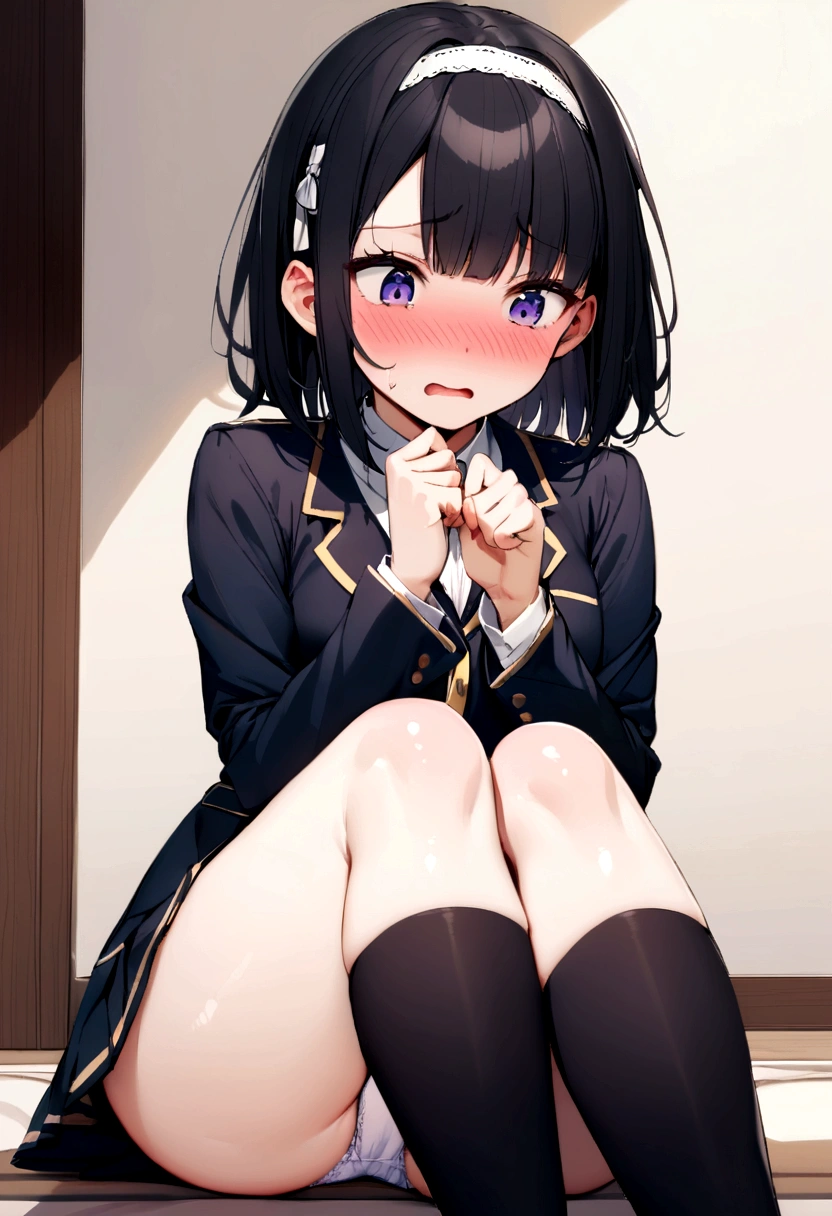 Black Hair　Shortcuts　hair band　White panties　Black knee-high socks　School　Feeling embarrassed