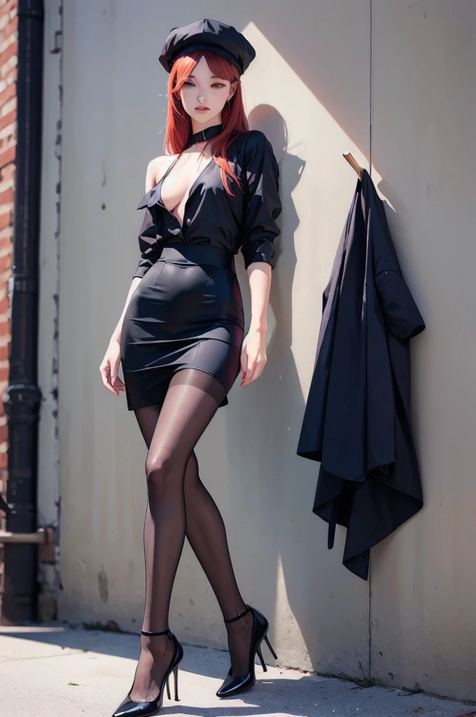 Emma Watson, vampire beauty, very curly red hair, very tiny gothic minidress, pantyhose, shoes, gloves, sun shiny day